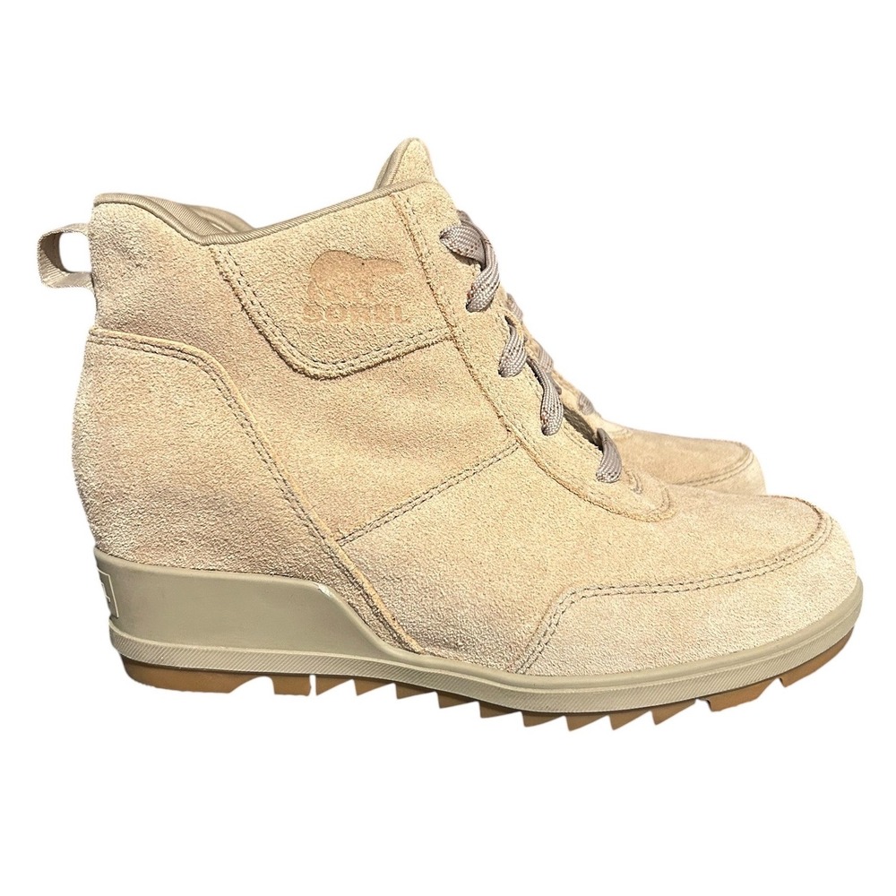 Sorel Evie Sport Lace Up Wedge Boots Velvet Tan Suede Waterproof Gorpcore Ankle